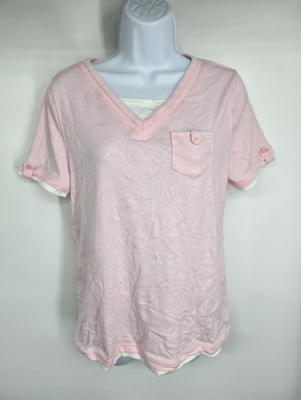 Studio Works Pink V-Neck Faux Layer Pocket Tee Shirt Size S Pastel Soft Casual